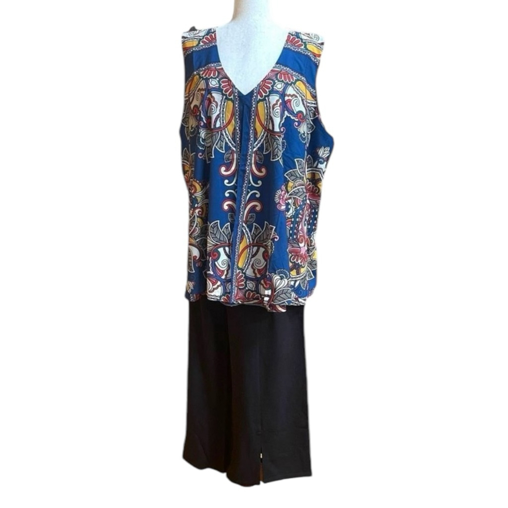 Suzanne Betro 2-Piece Set 4X NWT | Scarf Print Sleeveless Top & Black Crop Pants - Picture 2 of 13